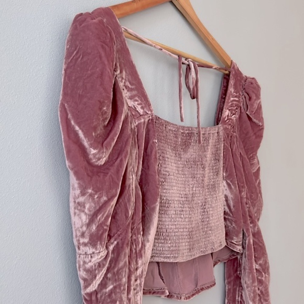 Free People • NWOT Mauve Bridgette Velvet Puff Sleeve Corset Style Top Size Med - Picture 15 of 17